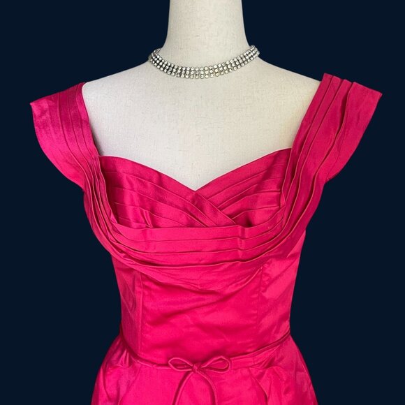 Vtg 50s Ceil Chapman Stunning Red Pink Satin Fitted Sheath Retro Cocktail Dress - Picture 2 of 13